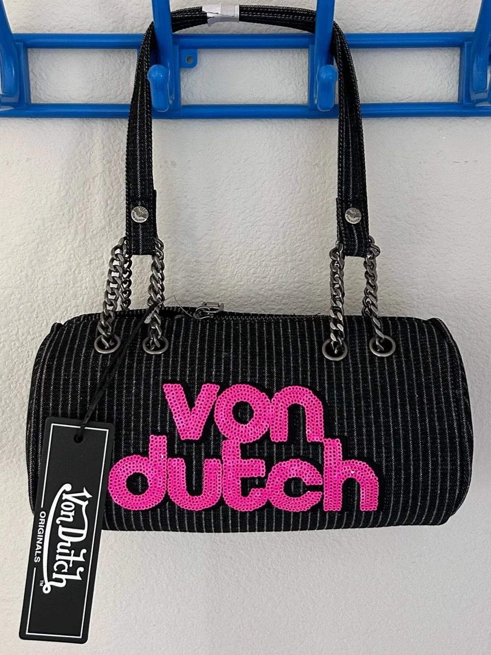 Von Dutch Striped Sequin Logo Long Barrel Bag Black/Pink OS NWT Y2K Streetwear